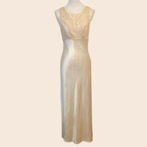 Vintage 90's Champagne/ Cream Lace Bodice Satin Maxi Gown Size 7/8